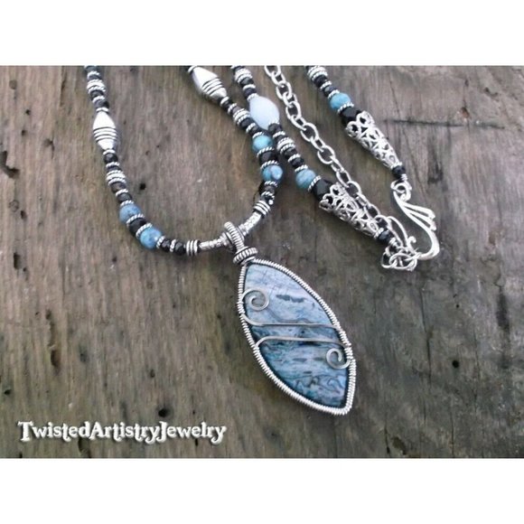 Blue Crazy Lace Agate Wire Wrap Pendant Beaded Necklace One-of-a-Kind Handmade - Picture 1 of 4